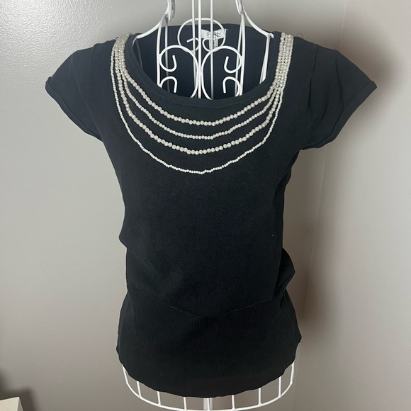 Cache Y2k/90s Black Sweater Short Sleeve Beaded Pearl Knit Top Size S Silk - Picture 1 of 4